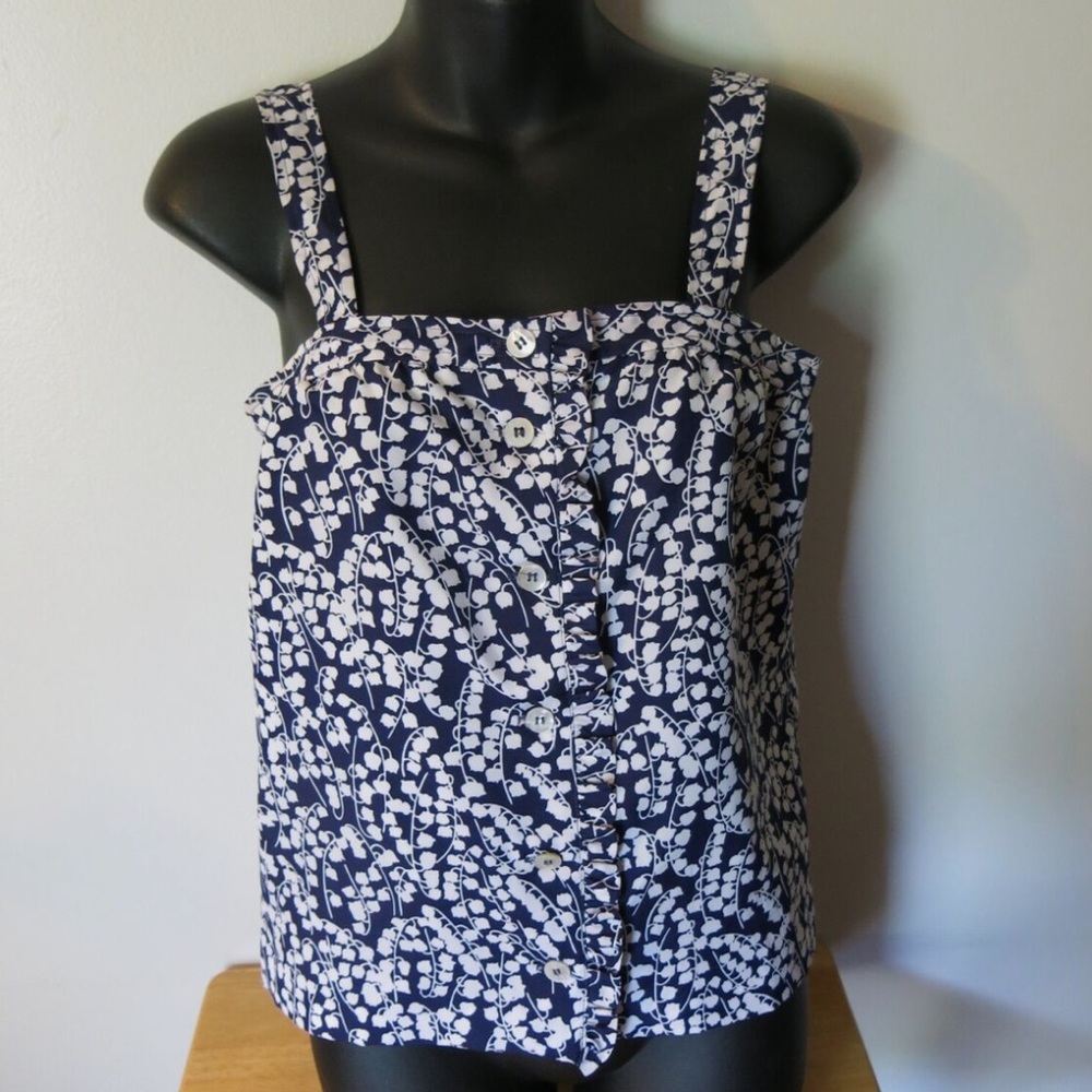 Vintage Austin Hill Women's Shirt Sz 10 Floral 1970s USA Navy White Sleeveless